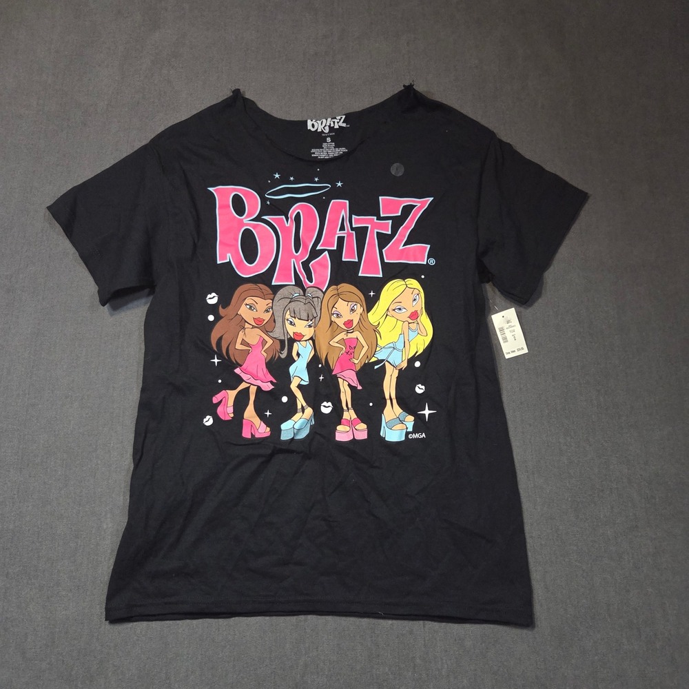 Bratz Graphic T-Shirt Women Size S Black Y2K Character Print Raw Neckline